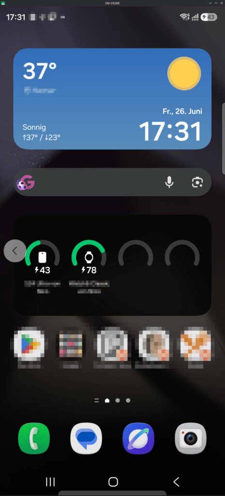 Screenshot des Samsung-Homescreens: Wetter-Widget mit 37° und „Sonnig", Google-Suchleiste, Akkuanzeige gekoppelter Geräte sowie Schnellstartleiste mit Telefon, Nachrichten, Browser und Kamera