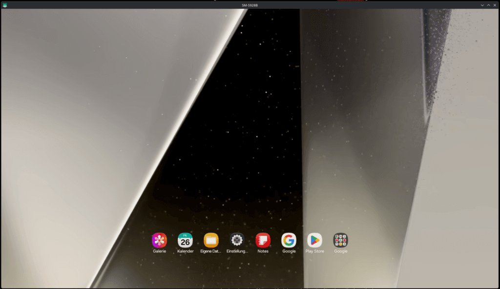 Screenshot von Samsung DeX, das via scrcpy auf einem EndeavourOS-Linux-Desktop im Querformat-Fenster läuft – unten die DeX-App-Leiste mit Galerie, Kalender, Eigene Dateien, Einstellungen, Notes, Google und Play Store