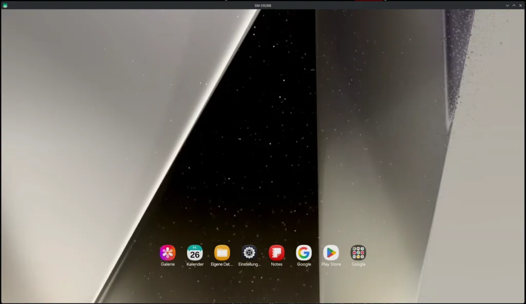 Screenshot von Samsung DeX, das via scrcpy auf einem EndeavourOS-Linux-Desktop im Querformat-Fenster läuft – unten die DeX-App-Leiste mit Galerie, Kalender, Eigene Dateien, Einstellungen, Notes, Google und Play Store